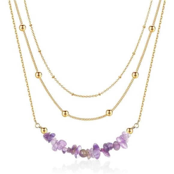 ๐ Layered Stone Necklace | 14K Gold Plated Multi-Chain Pendant - Picture 1 of 6